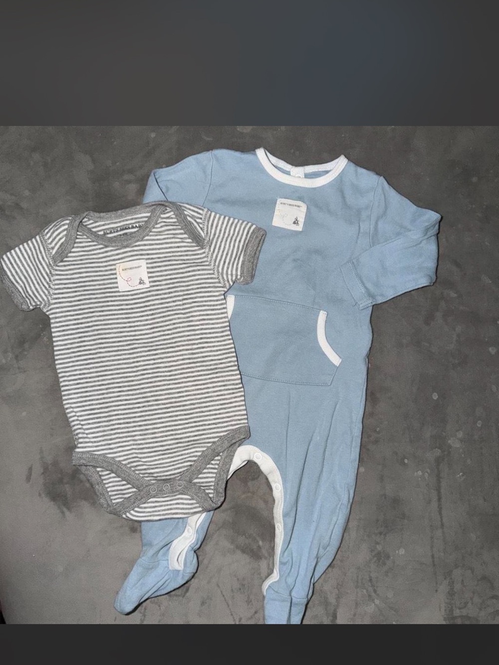 Burt's Bees Baby Blue Footed Romper with Gray Striped Bodysuit